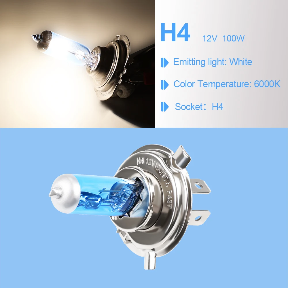  Sodcay 2 PCS H4 Car Halogen, 12V 100W Fog Light Bulbs, Ultra  White Automotive Light Bulb, High Beam Low Beam (Blue) : Automotive