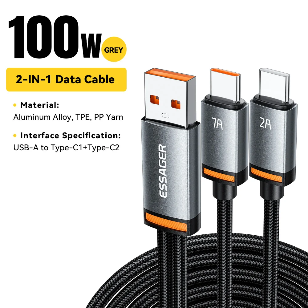 Essager 7A 100W 2 في 1 كابل USB USB نوع C شاحن سري...