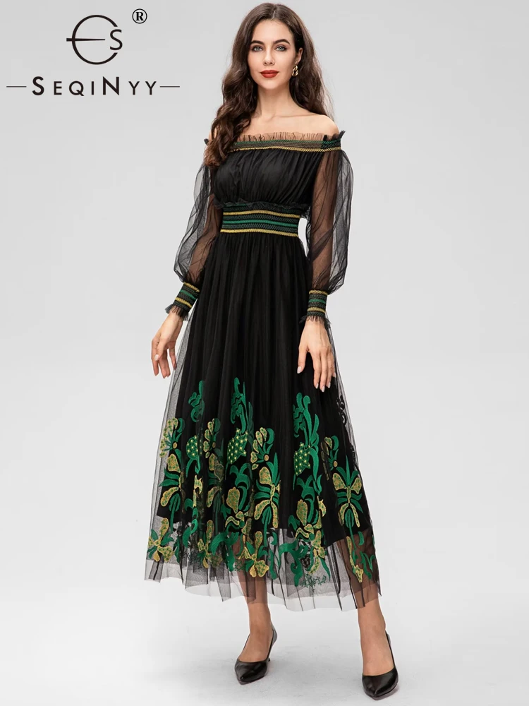 

SEQINYY Black Elegant Dress Summer Spring New Fashion Design Women Runway Elastic Waist Embroidery Green Flowers Mesh A-Line