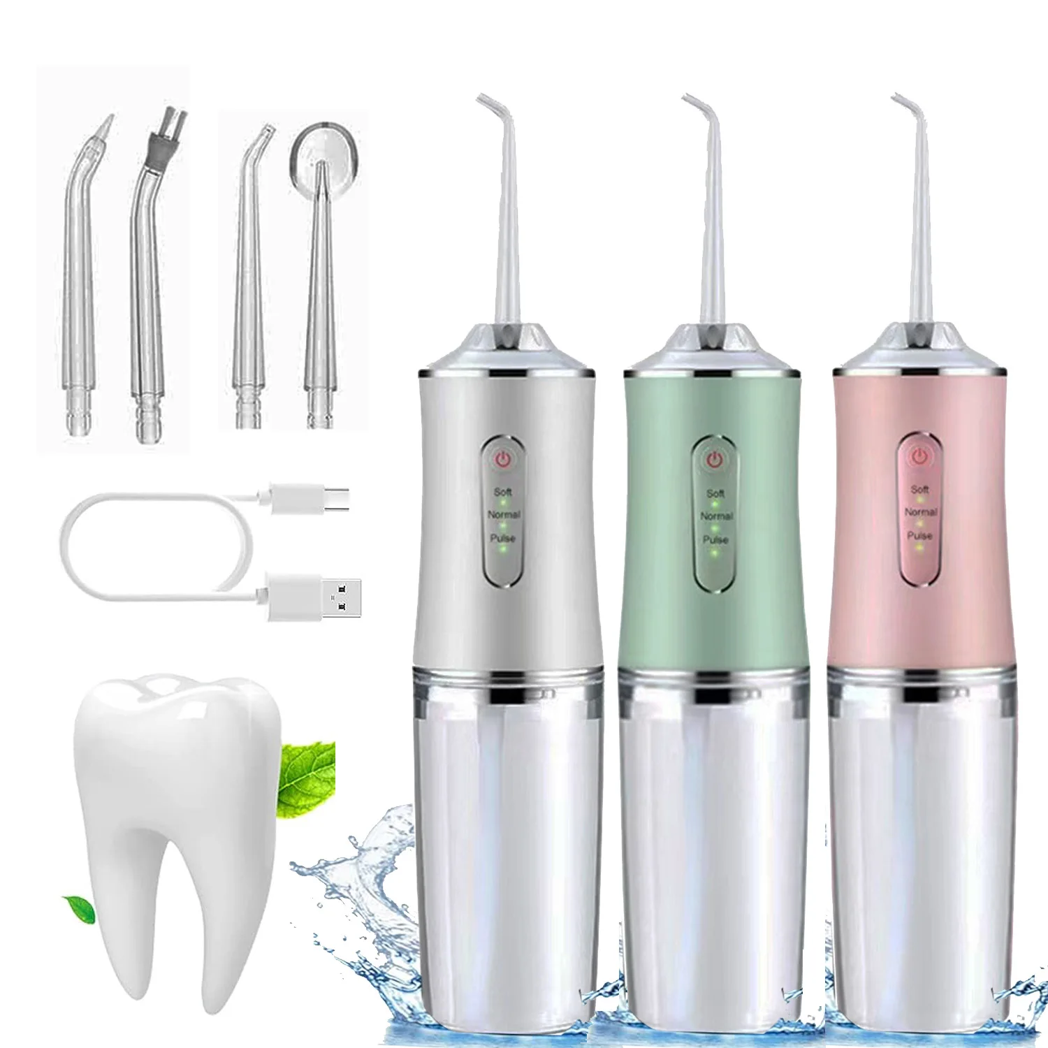 

Oral Irrigator Portable Dental Water Flosser USB Rechargeable Water Jet Floss Tooth Pick 4 Jet Tip 220ml 3 Modes IPX7 1400rpm