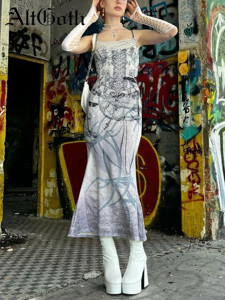 

AltGoth Vintage Gothic Dress Women Emo Alt Streetwear Y2k Butterfly Bone Printed Spaghetti Strap High Waist Bodycon Dress Female