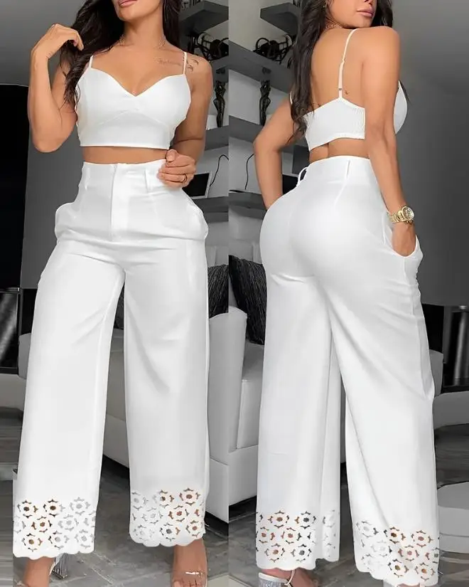 Two Piece Set Women Outfit Summer Fashion V-Neck Cami Crop Top & Casual Hollow Out High Waist Pocket Design Wide Leg Pants Set