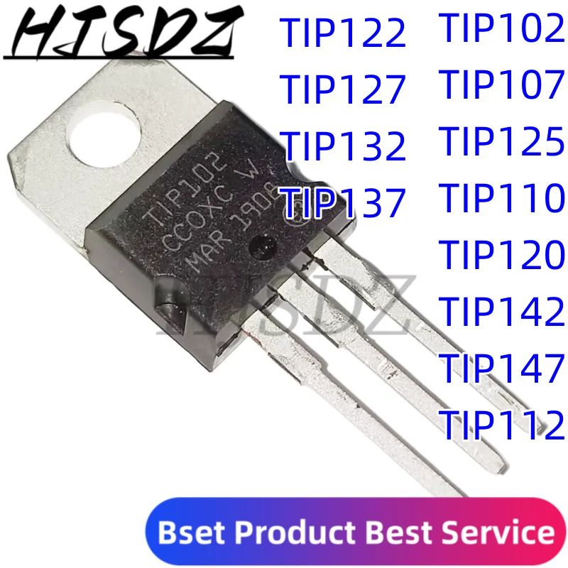 

Transistor TIP102 TIP120 TIP122 TIP127 TIP142 TIP147 TIP142T TIP147T TIP110 TIP112 TIP125 TIP132 TIP137 TIP107 TO-220, 10 Uds.