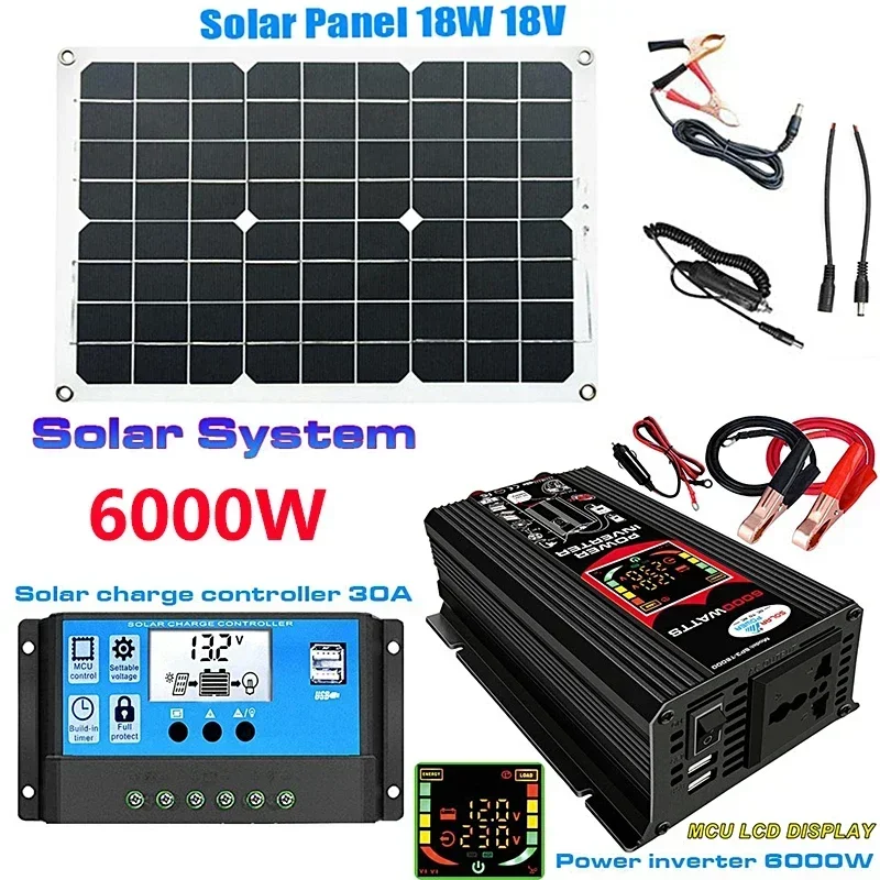 Solar Panel Kit 110/220V Solar Power System 18W Solar Panel Battery Charge 30A Controller 6000W 12V 220V Inverter Complete Power Generation