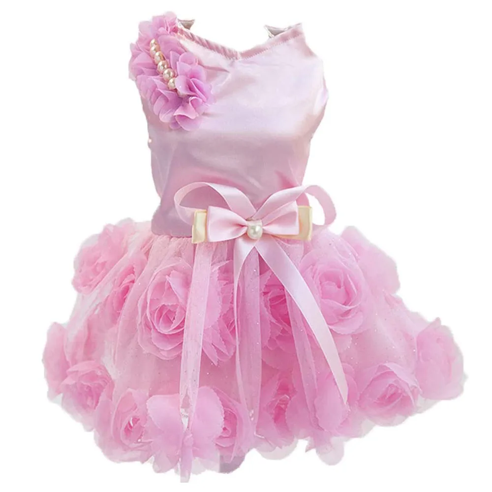 Vestido de lujo para perros y gatos pequeños, falda de tutú para mascotas, ropa para gatos, falda de princesa para perros y gatos, vestido de noche de boda con lazo de Perla Rosa 4