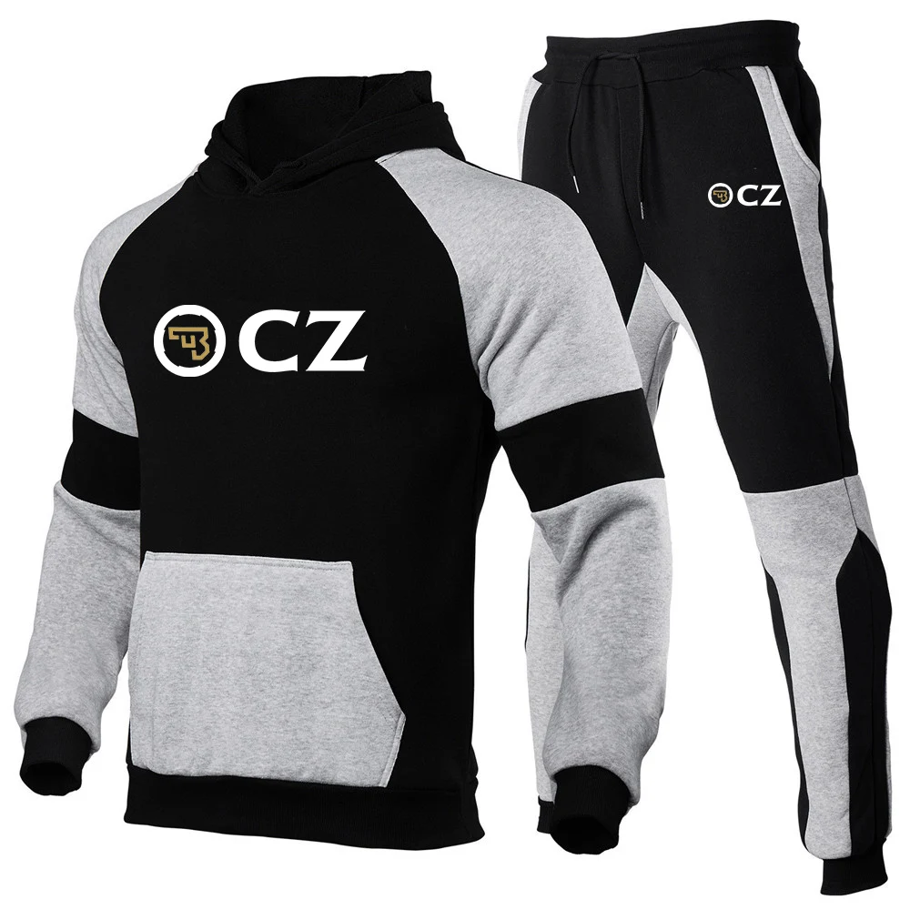 2023 Spring Autumn Men's CZ Ceska Zbrojovka Czech Firearms Logo Printed Patchwork Hooded Pullover+Drawstring Sports Trousers Set