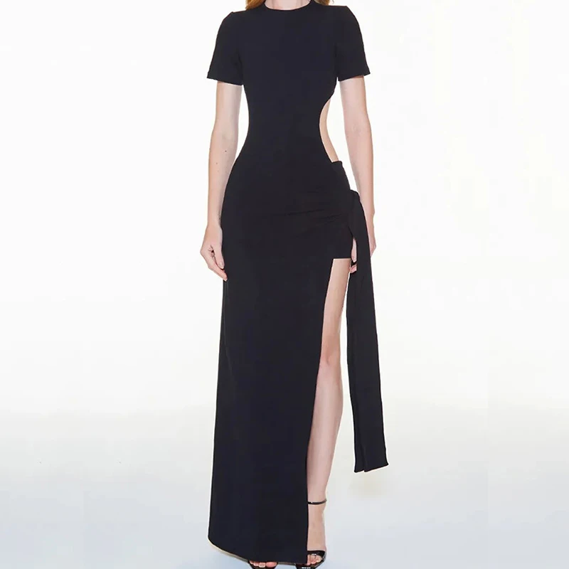 

New Hollow Backless Asymmetric Dress Women Elegant O-Neck Lace Up High Waist Dress Fashion Short Sleeve Slim Split Evening Dress