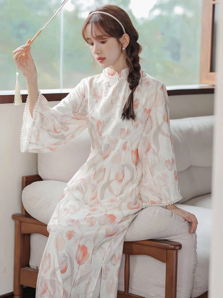 

Fashion Improved Qipao New Chinese Style Dress Jacquard Cheongsam Elegant Long Vestidos Women Autumn Mandarin Collar Qipao