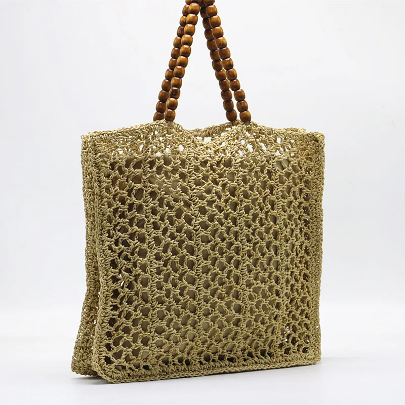 

Summer Wood Bead Handle Straw Bag Fashion Hollow Straw Women's Crochet Shoulder Bag Casual Beach Bag Large Tote Shopper Purse
