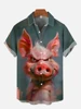 2024 Summer New Funny Animal Bald Pig Print Short Sleeve Shirt Retro Donkey Lamb Fashion Street Men's Lapel Button Shirt 1