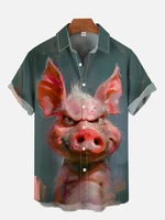 2024 Summer New Funny Animal Bald Pig Print Short Sleeve Shirt Retro Donkey Lamb Fashion Street Men's Lapel Button Shirt 1