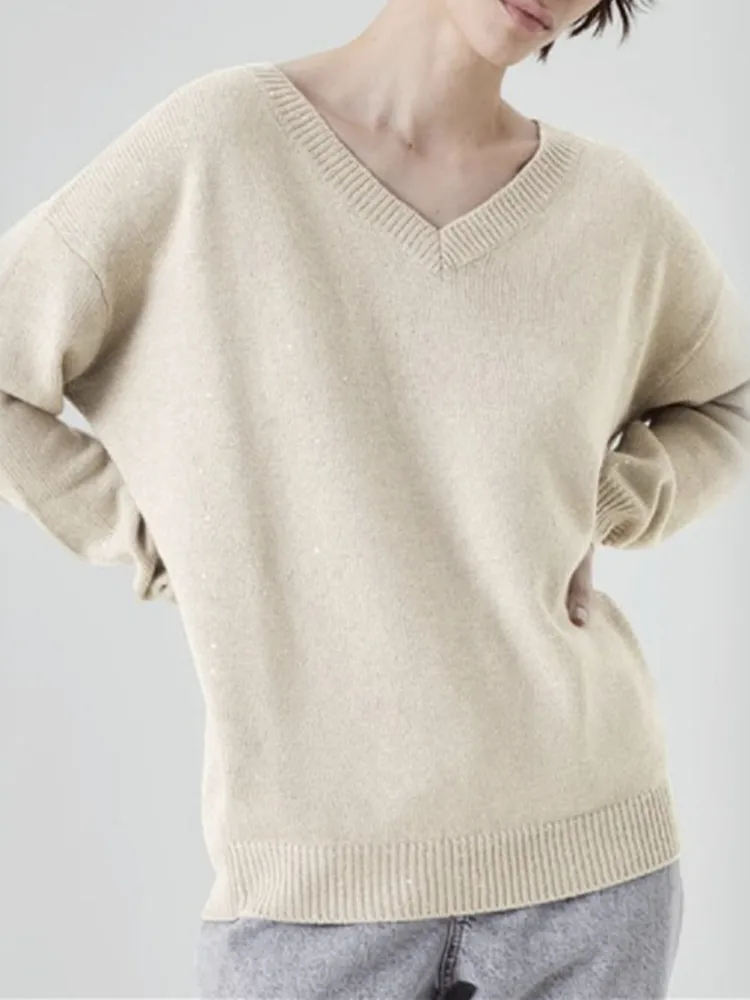 

Autumn 2023 New Women Sequin Knitted Sweater Solid Color Loose Long Sleeve Ladies All-Match Simple V-Neck Pullover Tops