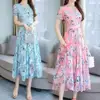 Short Sleeve Floral Print Midi Dress Summer Women Dress Waist Tight Flower Print Large Hem Maxi Dress Travel Vocation Dress