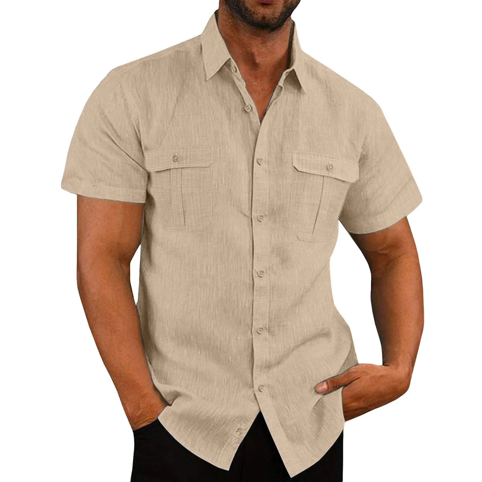 Camisas masculinas de linho de algodão de manga curta, cor sólida, gola alta, casual estilo praia, camisas masculinas plus size, verão, venda quente