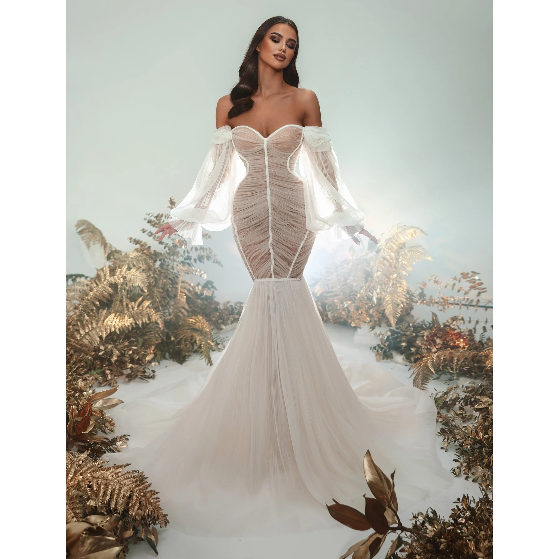 

Eye Cathing Soft Tulle Mermaid Long Maxi Gowns To Party See Thru Puff Sleeves Sexy Tutu Tulle Bridal Dresses