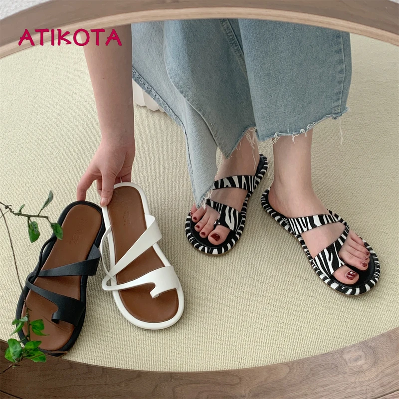 

Atikota Fashion Flat Slippers Soft Women Clip Toe Zebra Pattern Slides Summer Outdoor Beach Cross Tied Flats for Ladies 2022 New