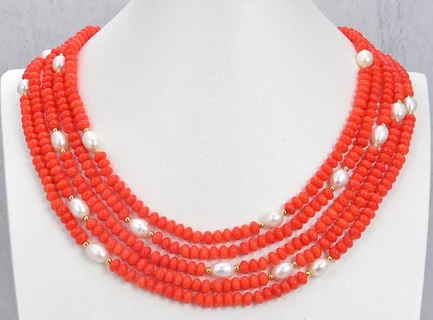 

Jewelry Excellent! 5Strands White Pearl Orange Coral Necklace