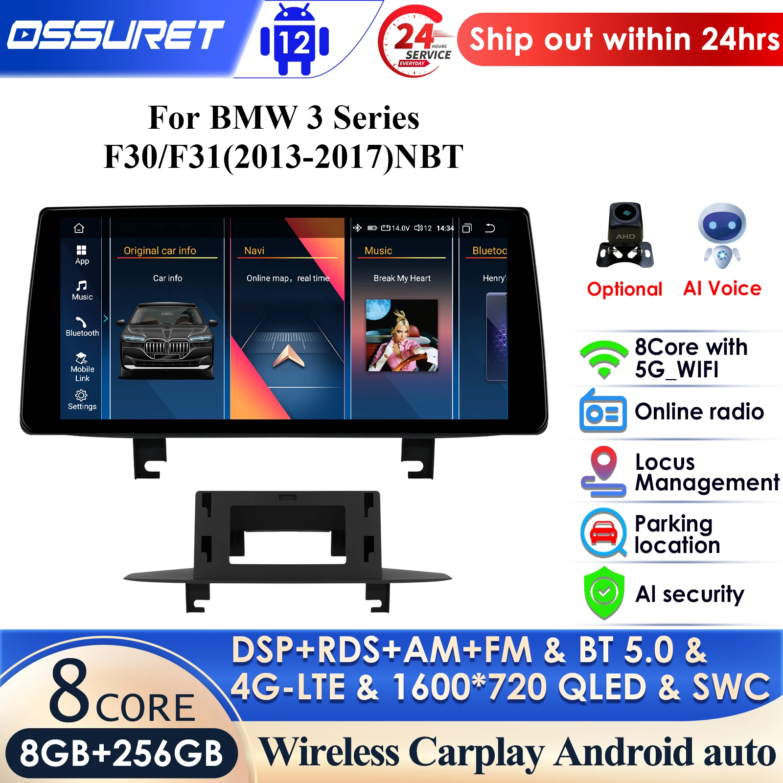 10.33 ''Wireless Carplay Multimedia Display Screen Android Auto Per Bmw Serie 3/4 F30 F31 Nbt 7862 Dsp Pro Ai System Rds Dvr Bt