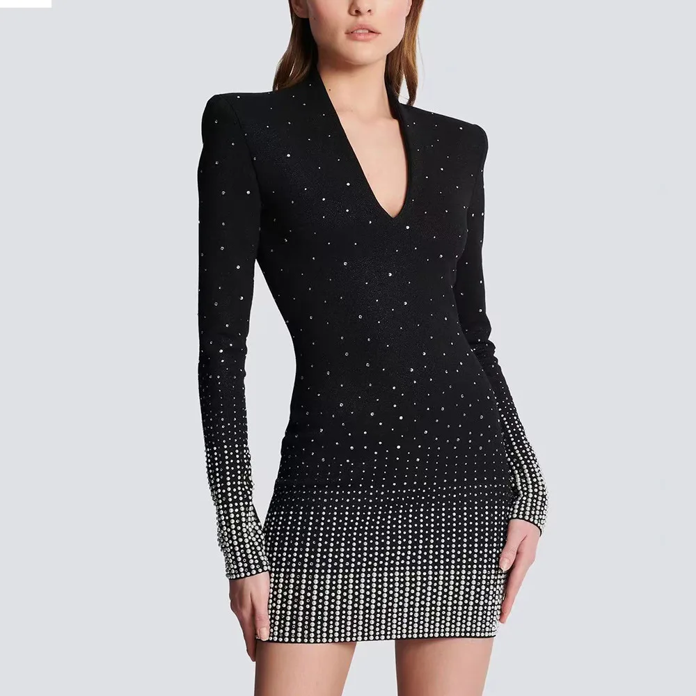 

HIGH STREET Newest 2023 F/W Designer Fashion Women's Long Sleeve V-neck Diamonds Rhinestone Embellihsed Knit Dress