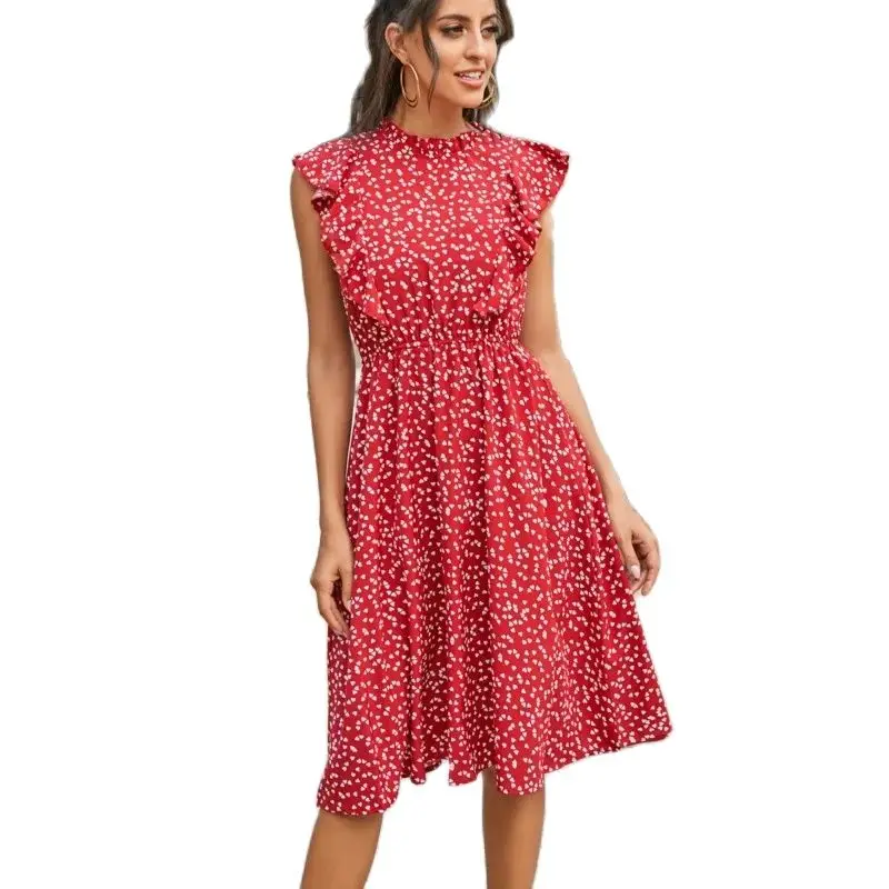 

Red Polka Dot Chiffon Dress Casual Loose Versatile Midi Dress 2023 Summer Women Robe Longue Femme Evening Long Elegant Vestido