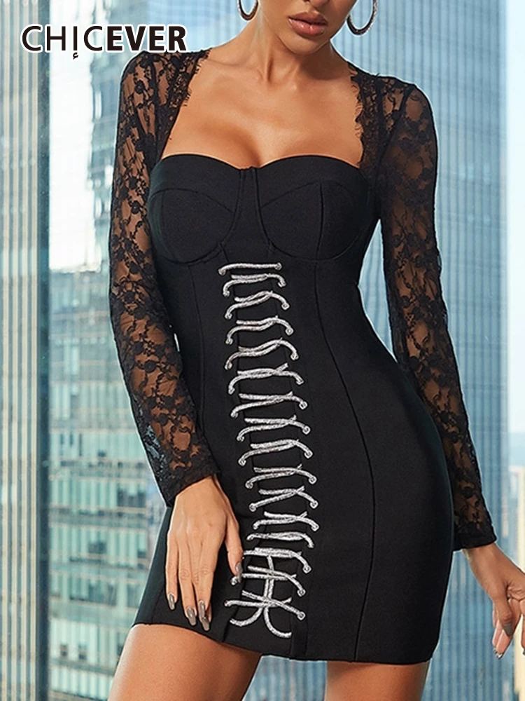 

CHICEVER Patchwork Lace Sexy Dresses For Women Square Collar Long Sleeve High Waist Spliced Crisscross Binding Slim Dress Female