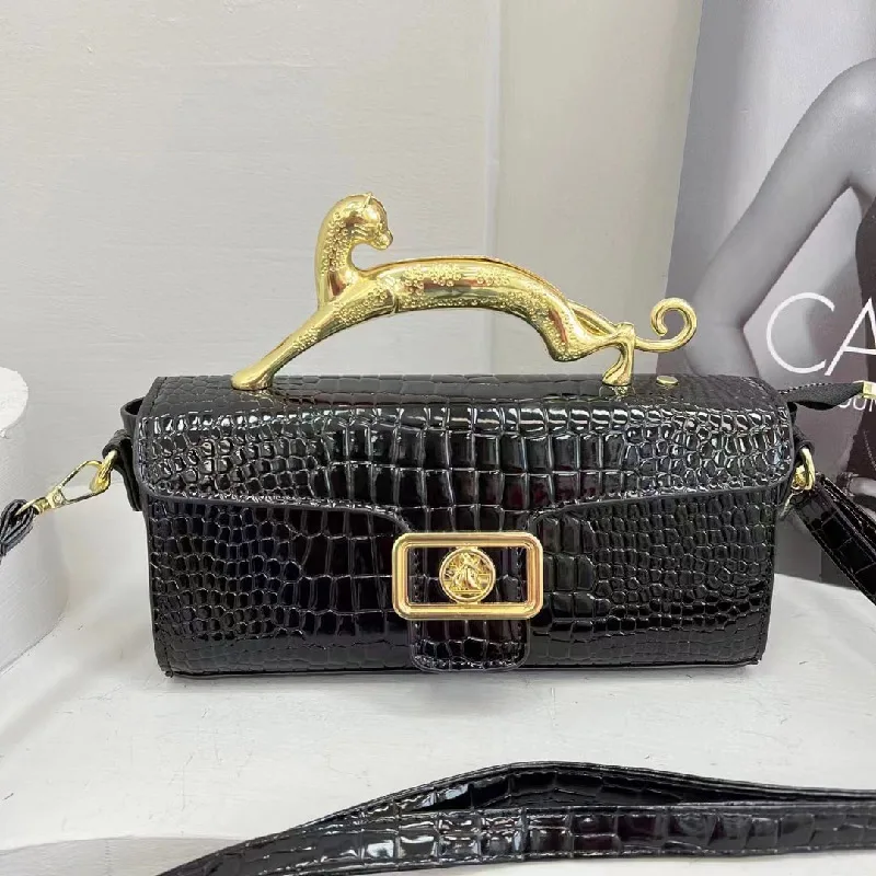 

Luxury Brand Shoulder Bags Fashion Crocodile Print Handbags For Women Cat Shape Golden Metal Handle Buckle Flap Females Bags New