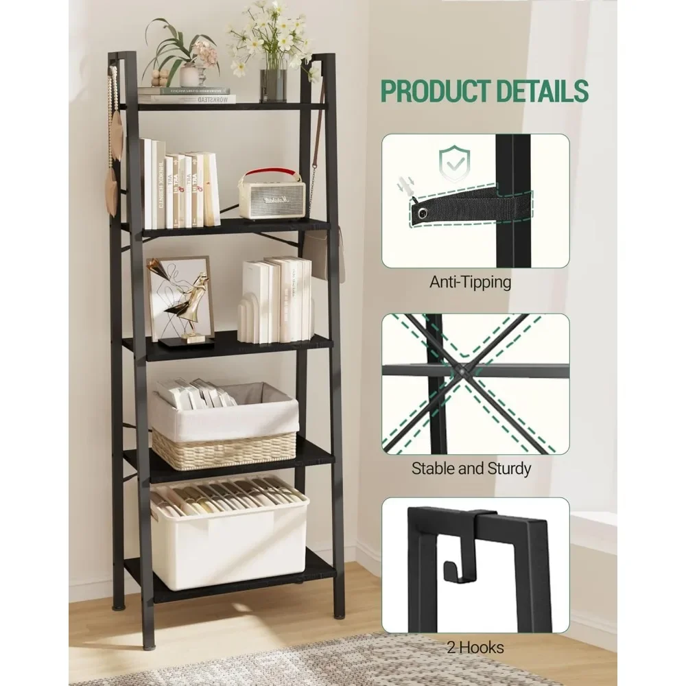 Bookshelf, Ladder Shelf, Freestanding Corner Storage Shelve with 2 Hooks for Home Office, Living Room, 5-Tier Black Bookcase 3