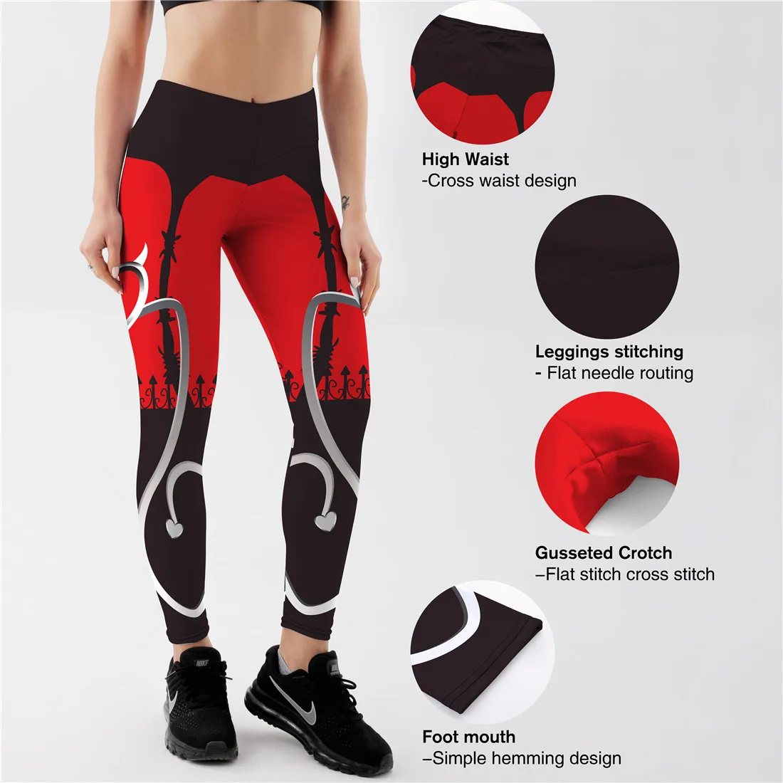 

New Sexy Heart Print Leggings Women Red Black Patchwork Sporting Pants Fashion Printed Women's Fitness Leggings
