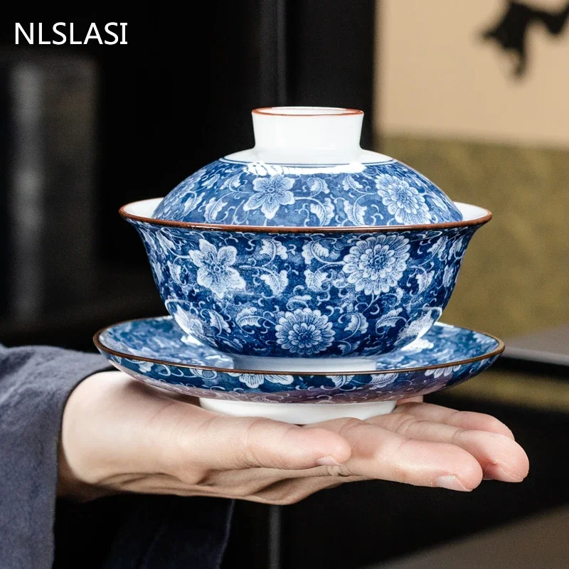 Chinese ceramics tea tureen hand painted blue and white porcelain gaiwan travel portable teaware household drinkware teacup