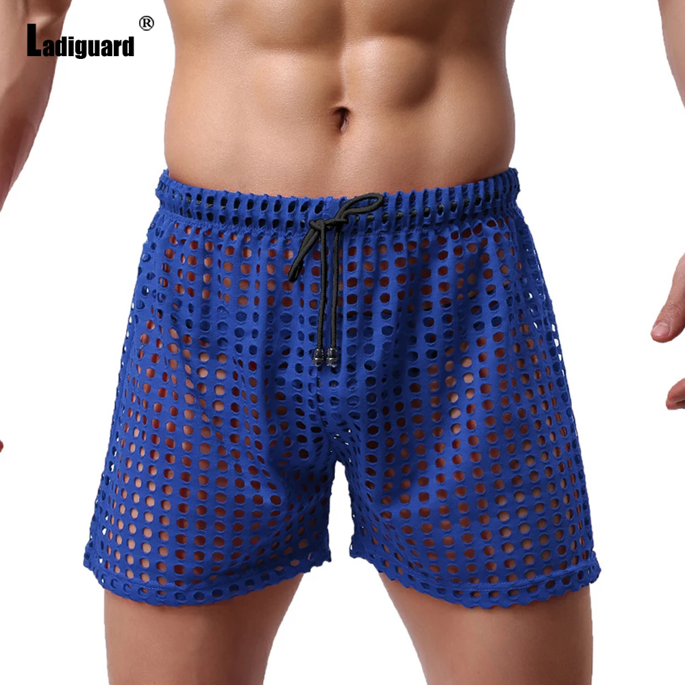 best casual shorts Ladiguard Sexy Men Hollow Out Shorts 2022 European Style Casual Beach Short Pants Solid Black Grey Loose Drawstring Half Pants casual shorts for women
