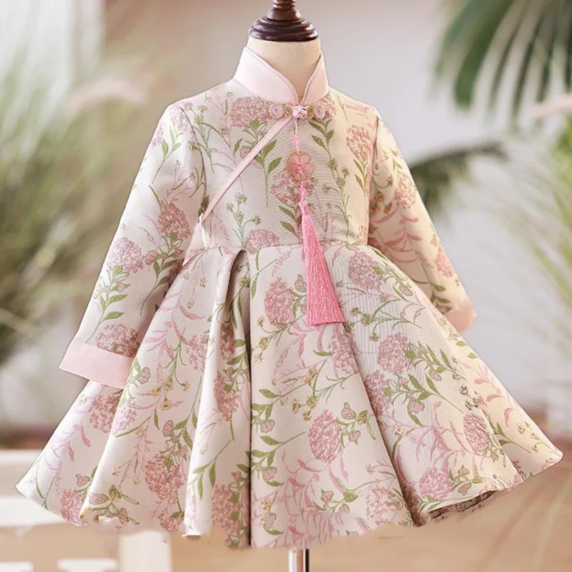 

Children's Evening Gown Bow Long Sleeve Print Design Spanish Vintage Birthday Party Dresses For Girl Eid Baptism A1983