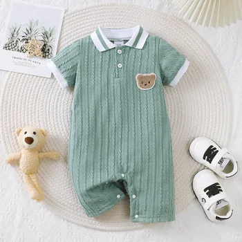 Newborn Baby Boy Romper Short Sleeved Striped Lapel with Little Bear Pattern Gentleman's Jumpsuit Summer Baby Onesie1-18Months 1