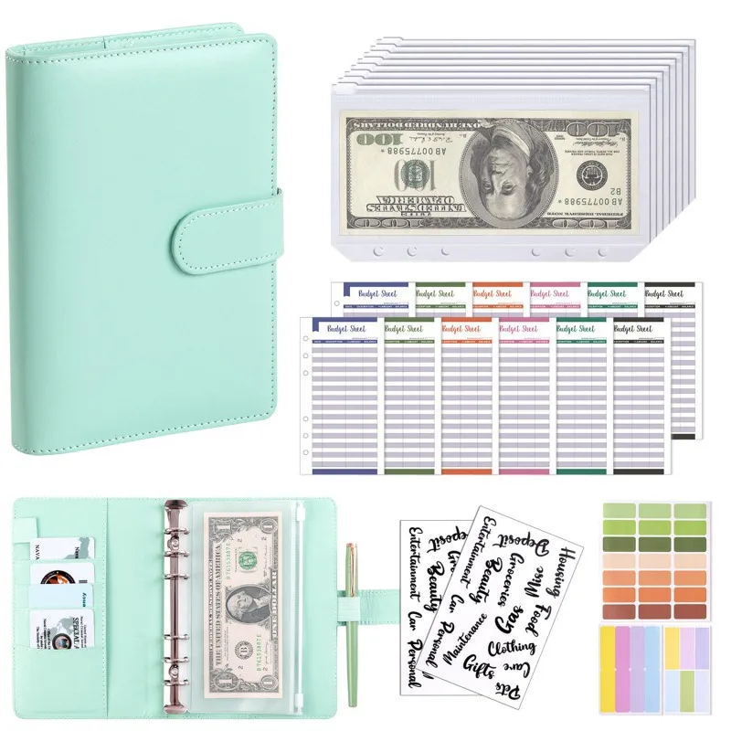 PU Leather A6 Budget Binder with Cash Envelope Pockets & Zipper