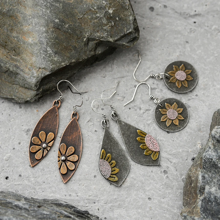 Boho Sunflower Statement Earrings - Teardrop Dangle Ethnic Jewelry For Women, Handmade Vintage Style