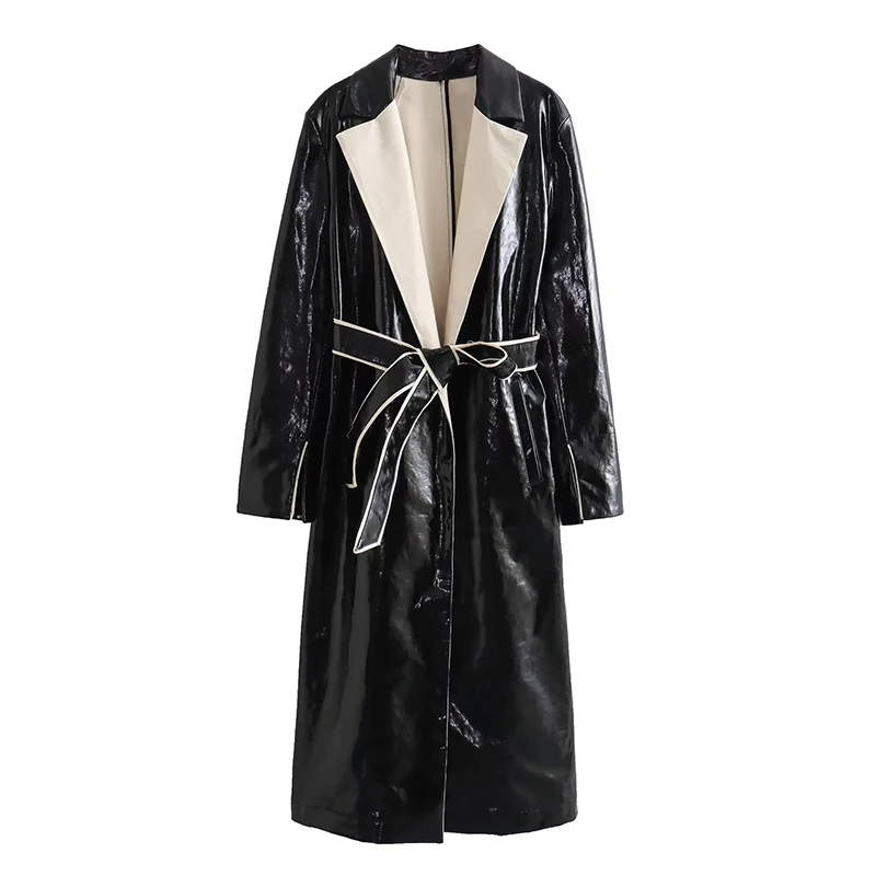 

TRAF Faux Leather Winter Coat For Women 2023 New Collection Autumn Jackets Long Trench Coats Long Sleeve With Belt Windbreaker