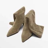 2025 New Trend Natural Cow Suede Women Shoes Autumn Winter Slip-On Boots Burgundy High Chunky Heels Pointed Toe Knee High Boots