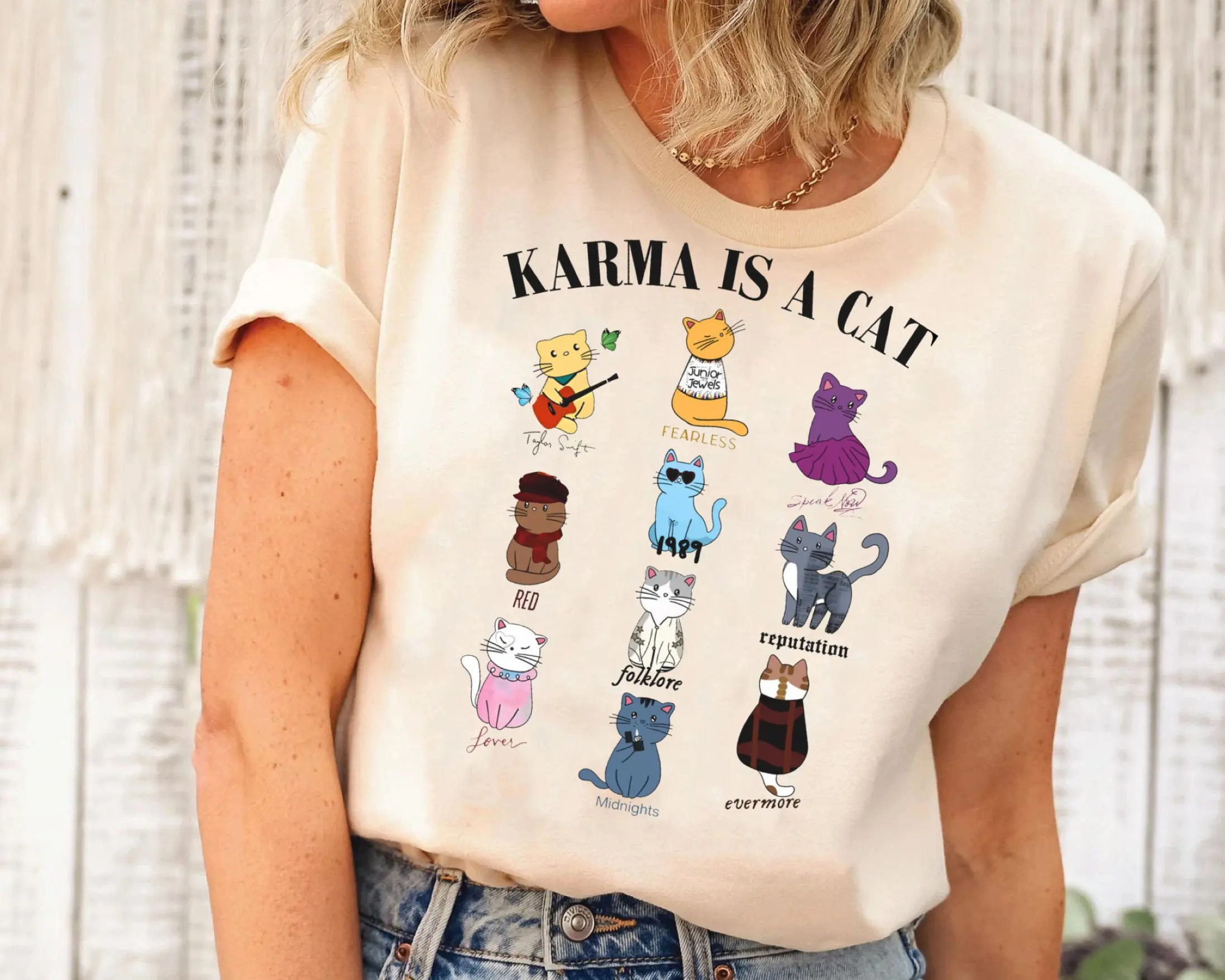 

2024 New Voguish Cat Lover Women T-shirt Cute Cotton Nine Cats Print Female Shirt Karma Is A Cat Funny Slogan Fashion Girl Shirt