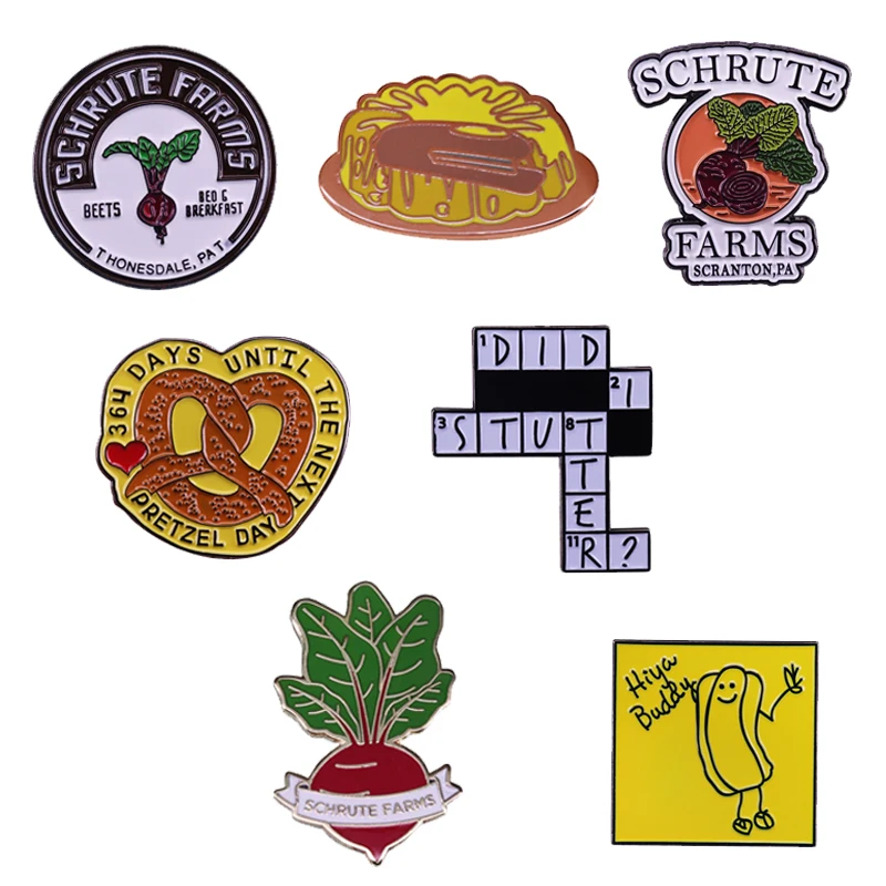 The Office Ispirato Spilla Schrute Farms Barbabietola Pretzel Day Hot Dog Jello Badge Great Tv Show Fans Addizione Gioielli Di Moda