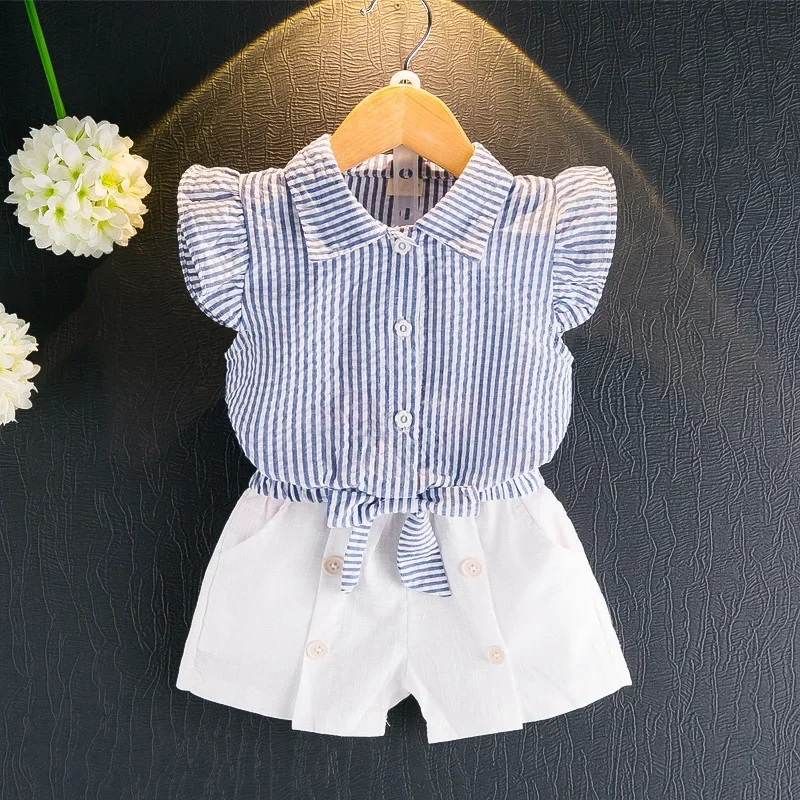 

Summer Girl Sets Casual stripe Short Sleeve Shirt + Shorts Set cute Baby Kids Clothing Set 2 Pieces Clothes