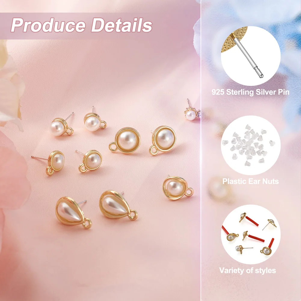 Kissitty 24Pcs 6 Style Alloy Stud Earring Findings With Silver Color Pin ABS Plastic Pearl for Women Earrings Jewelry Finding