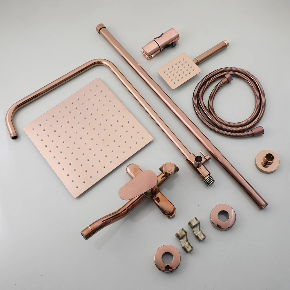 Torayvino Rose Gold Rectangle Rainfall Shower Head Bathroom Showers Faucet Wall Mounted Bathtub Shower System Mixer Water Tap