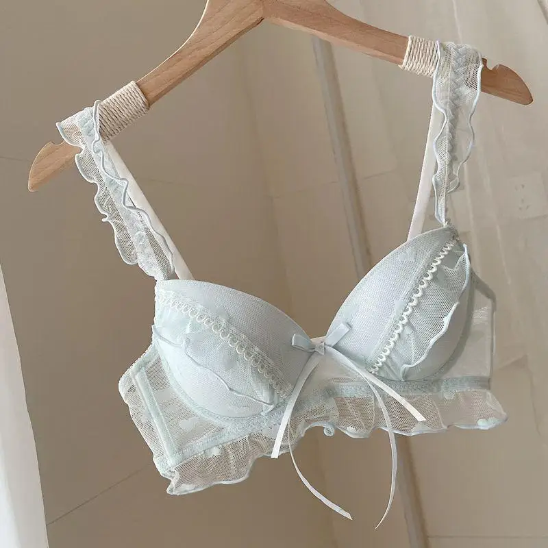32-38AB Blue Bra Sweet Girl Lace Underwear Small Chest Push-up Bra Without Wires 63 56