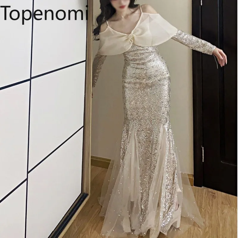 

Kimotimo Women Sequins Ruffled Mermaid Evening Dress Gowns 2024 New Suspender Long Sleeved Bow Beaded Party Dresses Fashion Gown