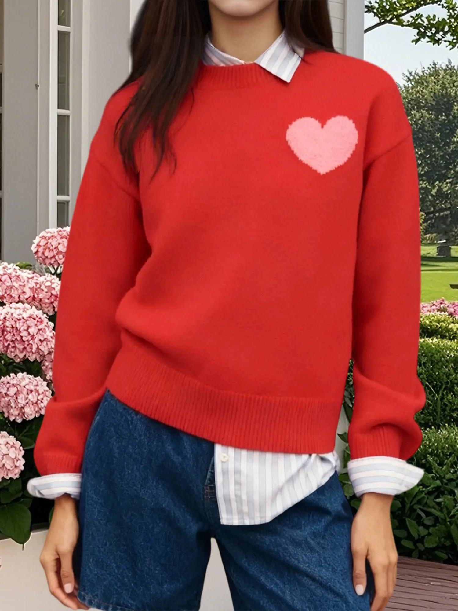 Women s Cozy Oversized Sweater with Geometric Print and Ribbed Detailing Long Sleeve Round Neck Knit Pullover for Fall