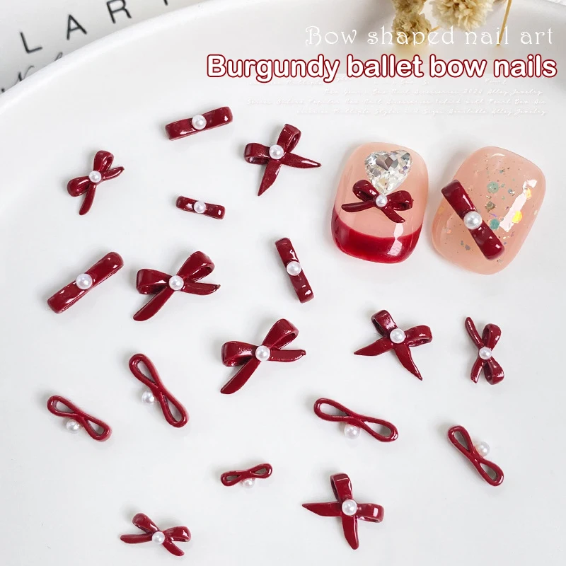 

5Pcs Wine Red Bow Nail Alloy Diamond Stereoscopic Inlaid With Pearls Nail Painting Decoration Accessory