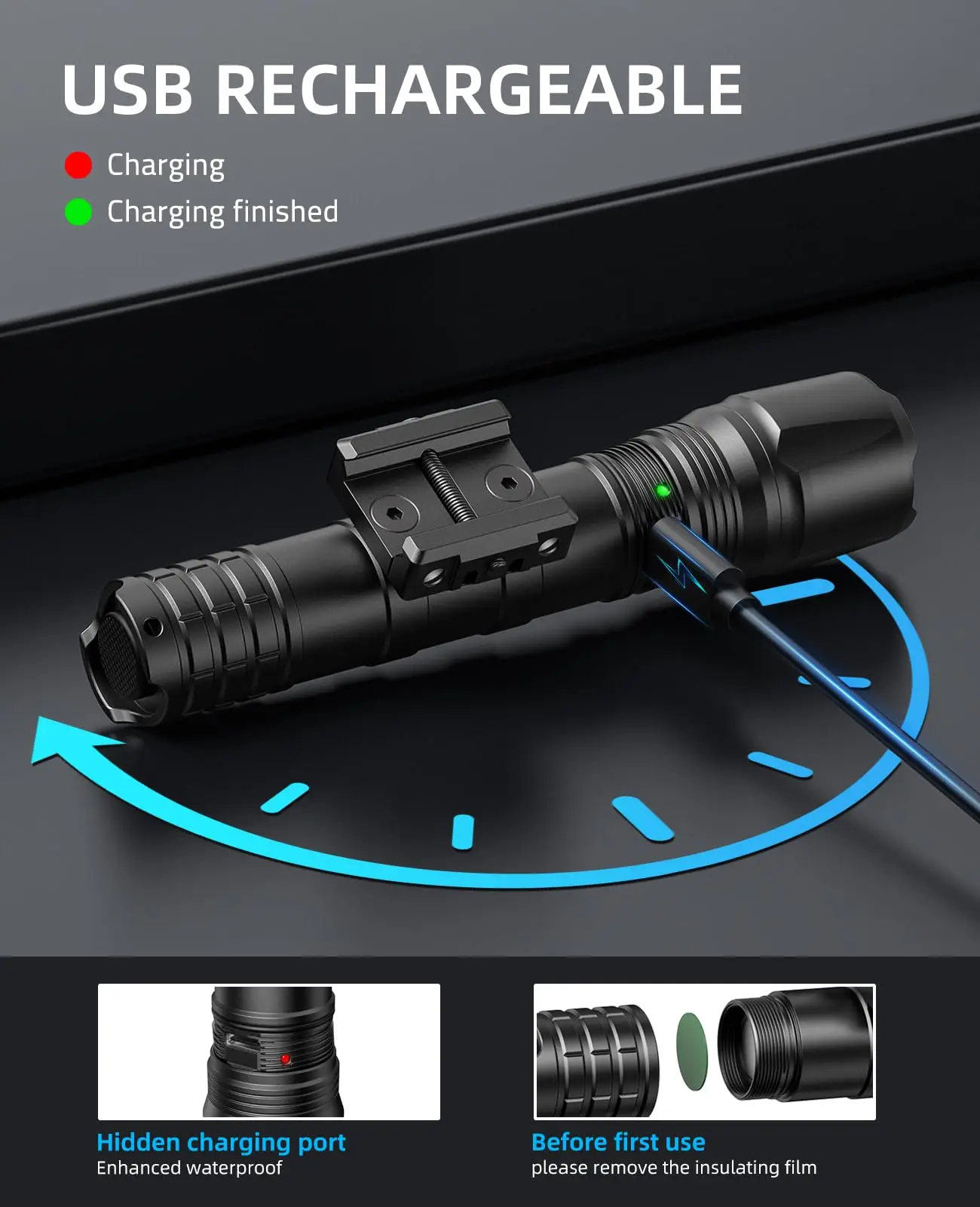 EZshoot 1800 Lumens Tactical Flashlight Rifle Light Compatible with Picatinny Rail IPX7 Rechargeable with Remote Pressure Switch