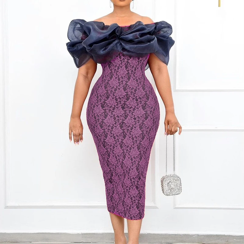 

2024 Lady Mesh Slash Neck Patchwork Maxi Dress Vintage Lace Crochet Slim Fit Dresses Sexy Women Off Shoulder Banquet Party Dress