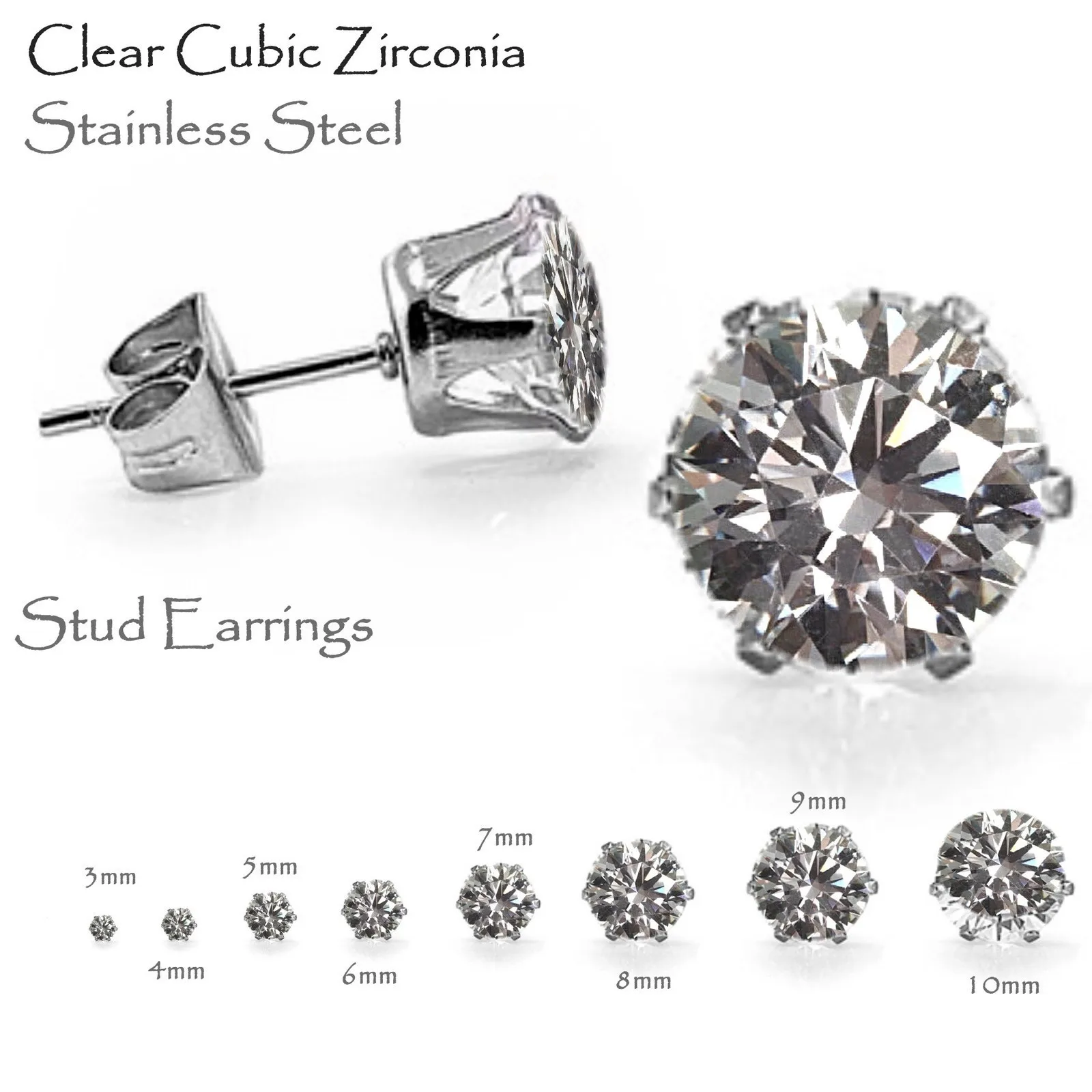 www. - 6 Sizes (3mm-9mm) Screw Back Studs Simple Clear CZ Four  Prong Earrings Stainless