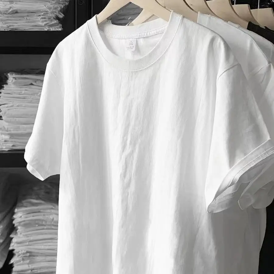 

Heavyweight White Pure Cotton Thick Short Sleeved T-shirt Solid Color Loose Fitting Men and Women Basic Spring Base Shirt Top