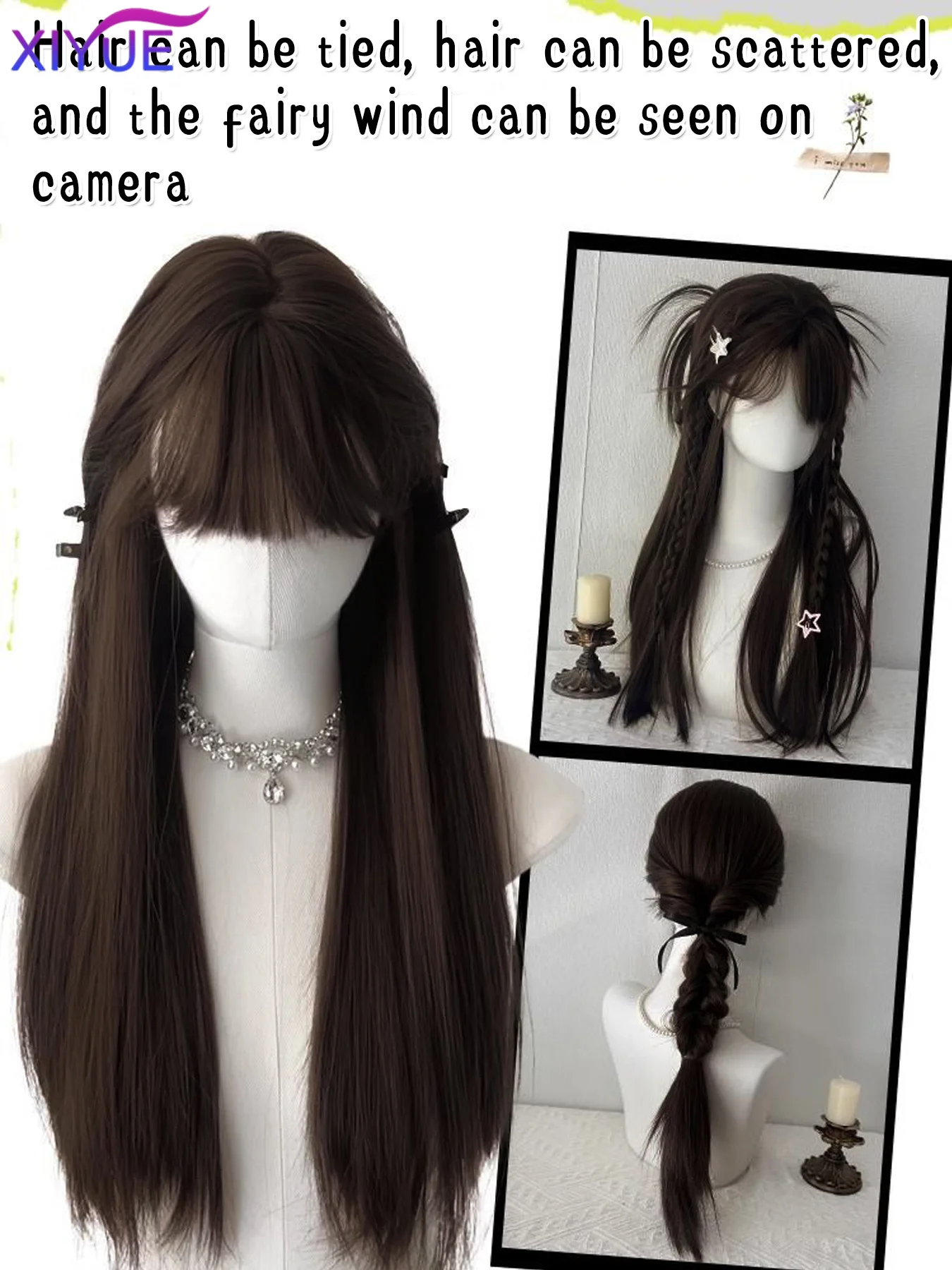 XIYUE 24inch Light Brown Synthetic Long Wigs For Woman With Bangs black Cosplay Lolita Wig for Women Daily Use Heat Resistant 가발